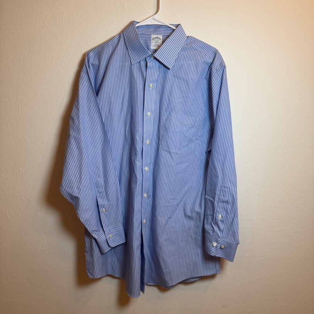 Brooks Brothers Men's 17 2/3 Slim Fit Non-Iron Cotton Striped Dress Shirt Blue